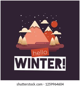 Hello Winter with Hills Mountains With Trees Clouds and Sun Vector Flat Illustration