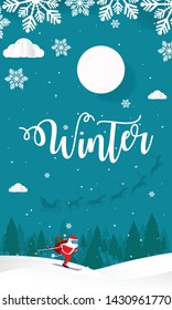 Hello Winter with Hills Mountains With Trees Clouds and ski Santa Claus Vector Illustration, Merry Christmas and Happy New Year Background paper cut