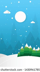 Hello Winter with Hills Mountains With Trees Clouds and Moon Vector Flat Illustration, Merry Christmas and Happy New Year Background paper cut