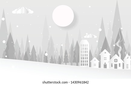 Hello Winter with Hills Mountains With Trees Clouds and Moon Vector Flat Illustration, Merry Christmas and Happy New Year Background paper cut