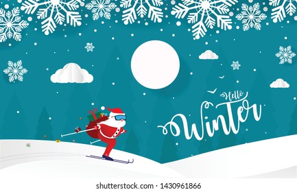 Hello Winter with Hills Mountains With Trees Clouds and ski Santa Claus Vector Illustration, Merry Christmas and Happy New Year Background paper cut