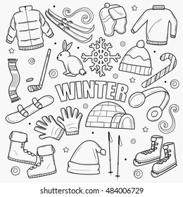 Hello winter. Hello Holiday. Vector doodle winter symbols. Nice card for printing and web.