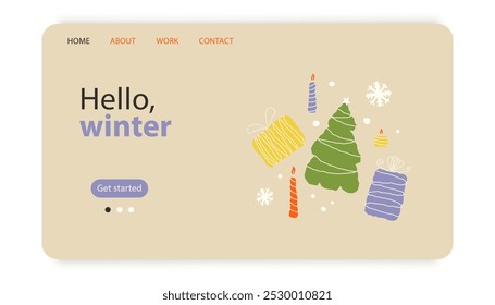 Hello Winter Home Page Template Flat Cartoon Background Vector Illustration, naive rough style