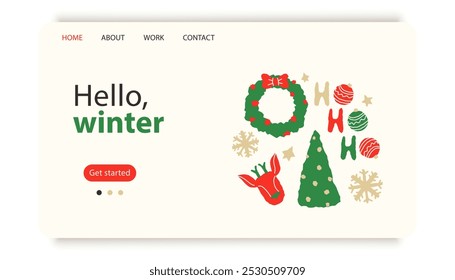 Hello Winter Home Page Template Flat Cartoon Background Vector Illustration, naive rough style