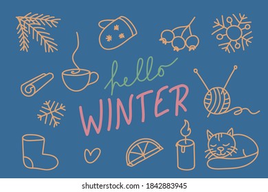 hello winter icon set with cozy tea, lemon, candle, Christmas tree, snowflake - hand drawn illustration