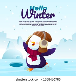 hello winter illustration with a cute penguin