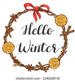 Hello winter. Illustration with lettering and Christmas wreath