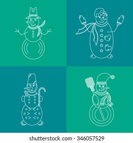 Hello winter illustration. Set of four snowmen. Line art icons. Elements for your design.