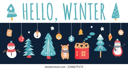Hallo, Winter! Illustration mit Vektor-Weihnachtselementen in handgezeichnet Stil. Schneemann, Baum und Pinien, Hut, Bär, Dekoration, Schneeflocken.