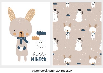 Hello Winter. Infantile Style Vector Illustration and Seamless Pattern with Cute Hand Drawn Baby Bunny and Snowman on a White and Beige Background. Funny Winter Holidays Print ideal for Card, Poster.