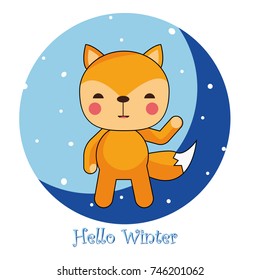Hello Winter Hello Winter inscription Greeting card background with fir tree, reindeer, realistic snowfall and decorative elements. Vector  Victorian Winter card. Christmas decoration. 
