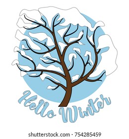 Hello Winter Hello Winter inscription Greeting card background with fir tree, reindeer, realistic snowfall and decorative elements. Vector  Victorian Winter card. Christmas decoration. 