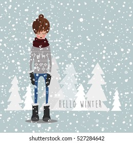 Hello winter inscription.  Hand drawn vector card with stylish girl in christmas sweater on snow background. Flat character.