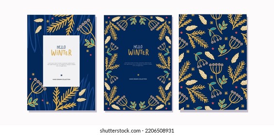 Hello Winter inscription. Winter logos and emblems for invitation, greeting card, t-shirt, prints and posters. Ideas for banners or social media stories. Vector illustration.