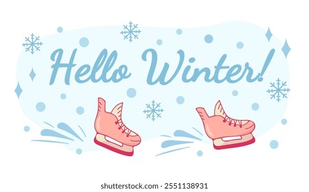 Hallo Wintereinschrift. Winterstimmung. Eine süße Illustration mit einem Gruß und Schlittschuhen. Handgezeichnete Farbgrafik. Es eignet sich für Postkarten, Banner und Grüße.