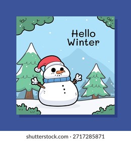 Hola invierno Instagram post diseño con un lindo muñeco de nieve con un sombrero rojo y bufanda azul en un paisaje de bosque nevado. Ilustración plana de dibujos animados con colores pastel suaves, perfecta para saludos de invierno, contenido de temporada de Instagram, publicaciones de vacaciones y acogedores feeds de redes sociales.