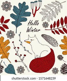 Hello winter. Invitation card. Fox, snowflakes and winter branches.