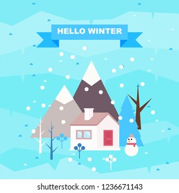 Hello winter. Winter landscape background. Snowy scene with trees and mountaines. Flat vector illustration. Forest cottage or traditional farmhouse on countryside area by wintertime.