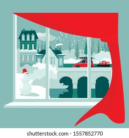 Hello winter, landscape with snowfall, houses and red car. view from the window, winter landscape vector illustration