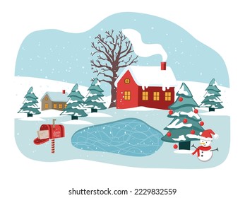 Hello winter, landscape, tree, cute house. Vector illustration in flat style