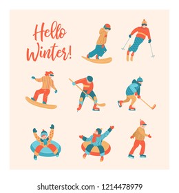 Hello winter. A large set of characters, sledding, skating, snowboarding, playing hockey. Vector illustration.