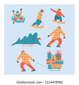 Hello winter. A large set of characters, sledding, skating, snowboarding, hockey game. A man carries on a sled a lot of Christmas gifts. Vector illustration.