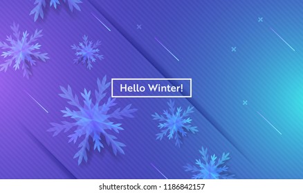 Hello Winter Layout with Snowflakes for Web, Landing Page, Banner, Poster, Website Template. Snow Christmas Seasonal Background for Mobile App, Social Media. Vector illustration