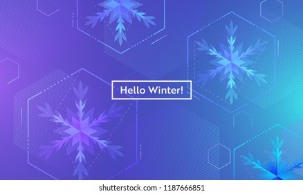 Hello Winter Layout with Snowflakes for Web, Landing Page, Banner, Poster, Website Template. Snow Christmas Seasonal Background for Mobile App, Social Media. Vector illustration
