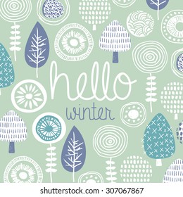 Hello winter leaves flowers and fall garden illustration postcard cover design template typography background pattern in vector