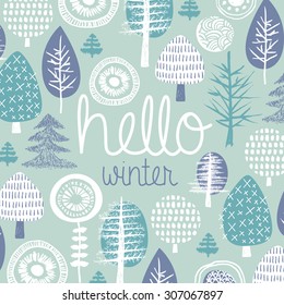 Hello winter leaves forest christmas tree garden illustration postcard cover design template typography background pattern in vector
