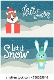 Hello winter let it snow bright snowy postcard with fox and present and smiling hare in warm clothes. Vector illustration with congratulation from animals