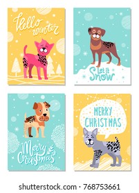 Hello winter, let it snow, merry Christmas, posters dedicated to great holiday of year, images of dogs vector illustration isolated on yellow and blue