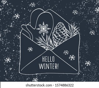 Hello winter letter. Cute postcard with hand drawn mittens, pine branches and cones. Vector illustration.