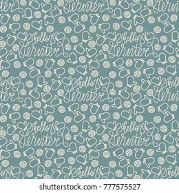 Hello Winter. Lettering. Winter background for Christmas, New Year greeting cards.  Seamless pattern with mittens. Kids drawing.