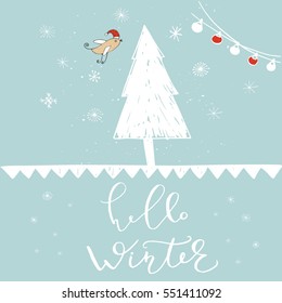 Hello Winter lettering banner. Hand drawn decoration for Happy New Year and Christmas greeting card design. Holiday Vector illustration.