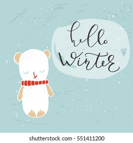 Hello Winter lettering banner. Hand drawn decoration for Happy New Year and Christmas greeting card design. Holiday Vector illustration.
