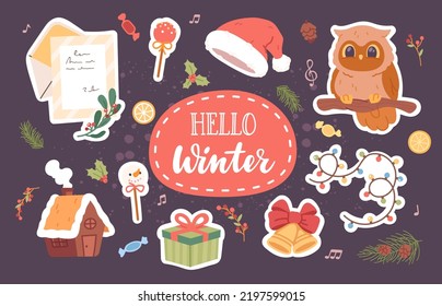 Hello Winter lettering Christmas card. Xmas gift box, Santa hat, mistletoe, gingerbread house, bell, garland decorations. Winter holiday decorative poster background template flat vector illustration