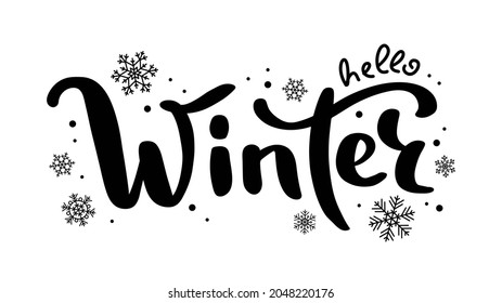 Hola letras de invierno, linda ilustración de vector manuscrita con copos de nieve