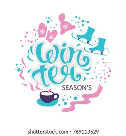 Hello Winter lettering design. Winter holidays season. Illustration of skates, cap and mittens, Cup of tea, scarf. Vector illustration