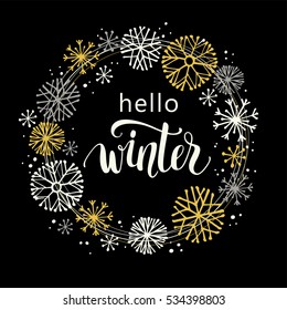 Hello Winter. Lettering Design On Snow Background With Hand Drawn Snowflake Frame. Design Element For Poster, Card, Flyer And Other Users