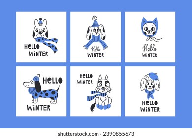 Hello winter lettering and dog doodle set. Modern hand drawn funny posters with puppies in clothes with handwritten text. Seasonal greeting cards collection, childish print