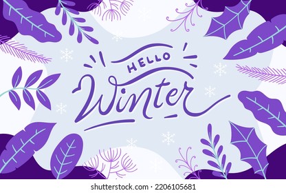 Hello winter lettering with winter floral background flat design