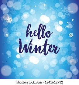 hello winter lettering greeting card design merry christmas happy new year holidays celebration template glittering snowflakes poster blue blur background flat