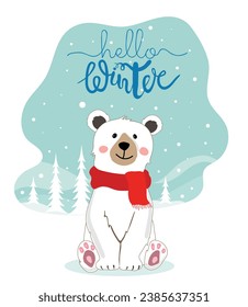 Hello winter lettering greeting card with cute bear. Hand drawn lettering poster for Christmas. Winter landscape