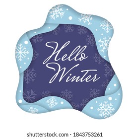 Hola, grabados de invierno con fondo azul con copos de nieve. - Vector.