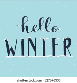 Hello Winter Lettering on Blue Background. 