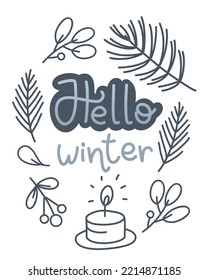 Hola frase de letras de invierno. Rama de árbol, vela