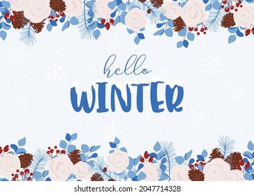 Hello winter lettering vector illustration, winter card, banner 