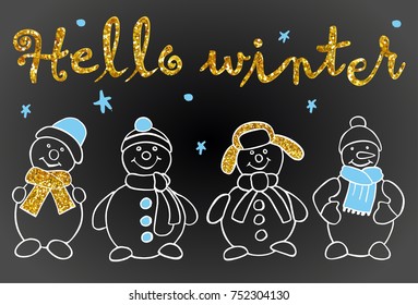 Hello winter! Lettering. Vector illustration with Christmas snowman dark background.
