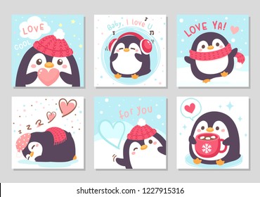 Hello winter! little cute chubby penguin is here for you. Set of square gift tag, card, badge.Penguin with red scarf, knitted hat. Lovely cool day. Vector illustration.
